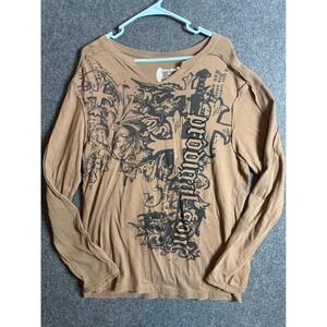 Carbon Black Mens XL Long Sleeve Thermal Shirt Tan Gothic Cross Graphic Y2K MMA